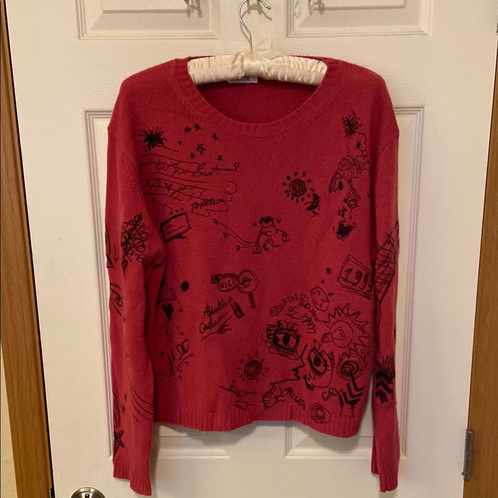 Hot pink Allude cashmere sweater, scribbles, graphic embroidered size L large